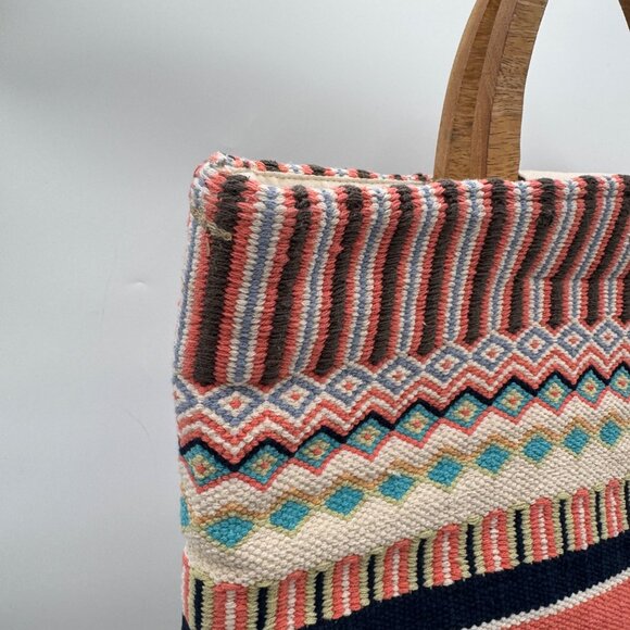 J Jill Multicolored Woven Cotton Tote Bag with Wood Handles Boho bohemian summer - Picture 3 of 15